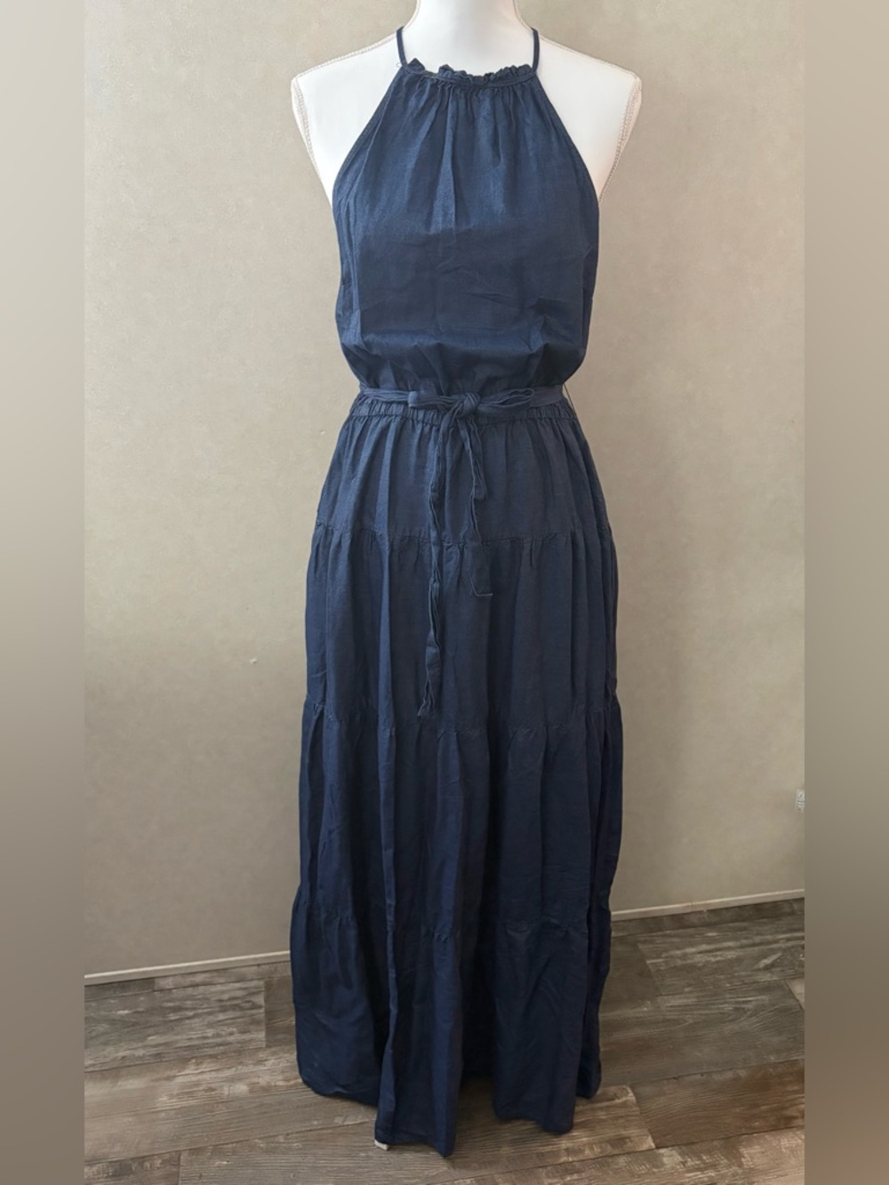 New York & Company Navy Halter Tiered Maxi with Waist Tie